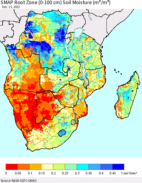 Southern Africa SMAP Root Zone (0-100 cm) Soil Moisture (m³/m³) Thematic Map For 12/11/2022 - 12/15/2022