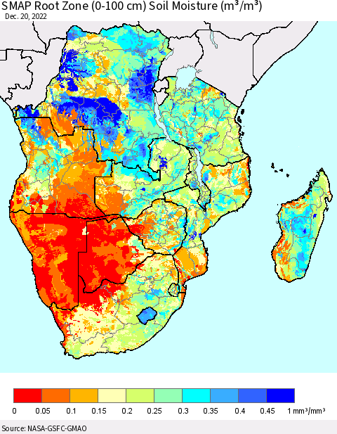 Southern Africa SMAP Root Zone (0-100 cm) Soil Moisture (m³/m³) Thematic Map For 12/16/2022 - 12/20/2022