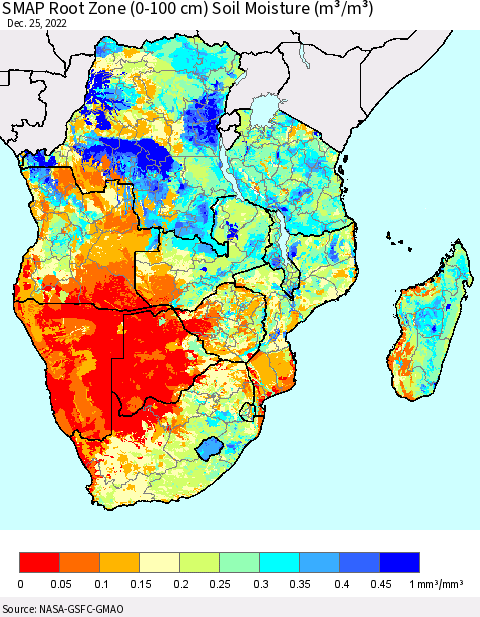 Southern Africa SMAP Root Zone (0-100 cm) Soil Moisture (m³/m³) Thematic Map For 12/21/2022 - 12/25/2022