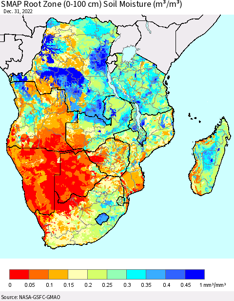 Southern Africa SMAP Root Zone (0-100 cm) Soil Moisture (m³/m³) Thematic Map For 12/26/2022 - 12/31/2022