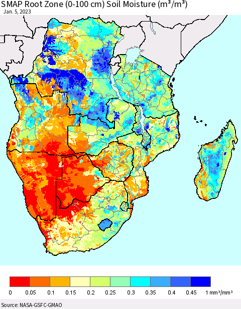 Southern Africa SMAP Root Zone (0-100 cm) Soil Moisture (m³/m³) Thematic Map For 1/1/2023 - 1/5/2023