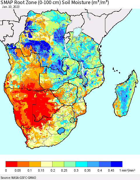 Southern Africa SMAP Root Zone (0-100 cm) Soil Moisture (m³/m³) Thematic Map For 1/6/2023 - 1/10/2023