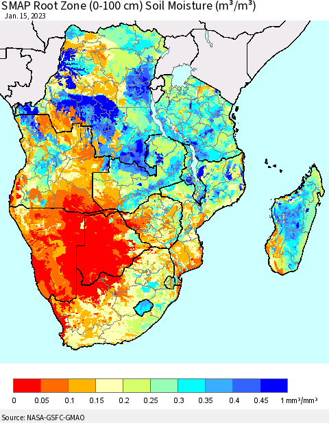 Southern Africa SMAP Root Zone (0-100 cm) Soil Moisture (m³/m³) Thematic Map For 1/11/2023 - 1/15/2023