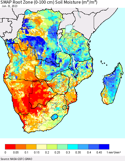 Southern Africa SMAP Root Zone (0-100 cm) Soil Moisture (m³/m³) Thematic Map For 1/26/2023 - 1/31/2023