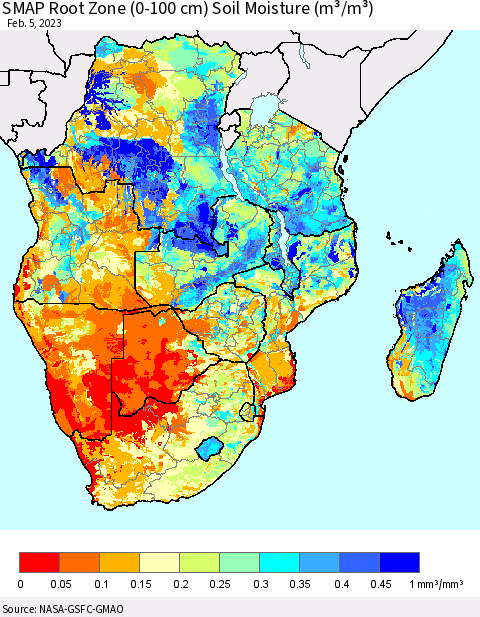 Southern Africa SMAP Root Zone (0-100 cm) Soil Moisture (m³/m³) Thematic Map For 2/1/2023 - 2/5/2023