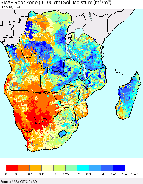 Southern Africa SMAP Root Zone (0-100 cm) Soil Moisture (m³/m³) Thematic Map For 2/6/2023 - 2/10/2023