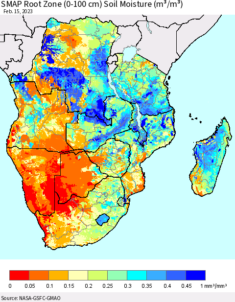 Southern Africa SMAP Root Zone (0-100 cm) Soil Moisture (m³/m³) Thematic Map For 2/11/2023 - 2/15/2023