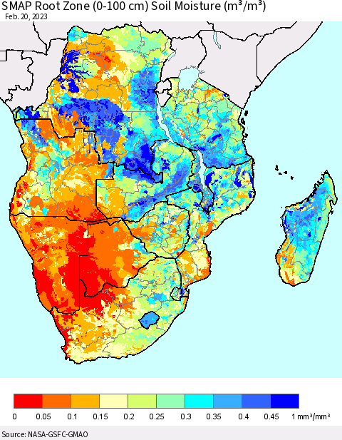 Southern Africa SMAP Root Zone (0-100 cm) Soil Moisture (m³/m³) Thematic Map For 2/16/2023 - 2/20/2023