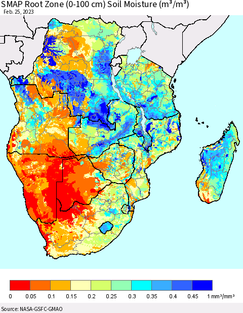 Southern Africa SMAP Root Zone (0-100 cm) Soil Moisture (m³/m³) Thematic Map For 2/21/2023 - 2/25/2023