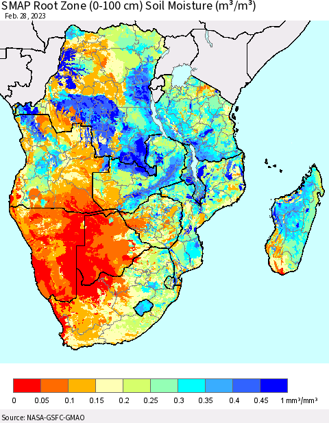 Southern Africa SMAP Root Zone (0-100 cm) Soil Moisture (m³/m³) Thematic Map For 2/26/2023 - 2/28/2023