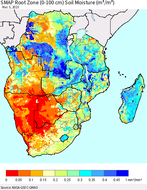 Southern Africa SMAP Root Zone (0-100 cm) Soil Moisture (m³/m³) Thematic Map For 3/1/2023 - 3/5/2023