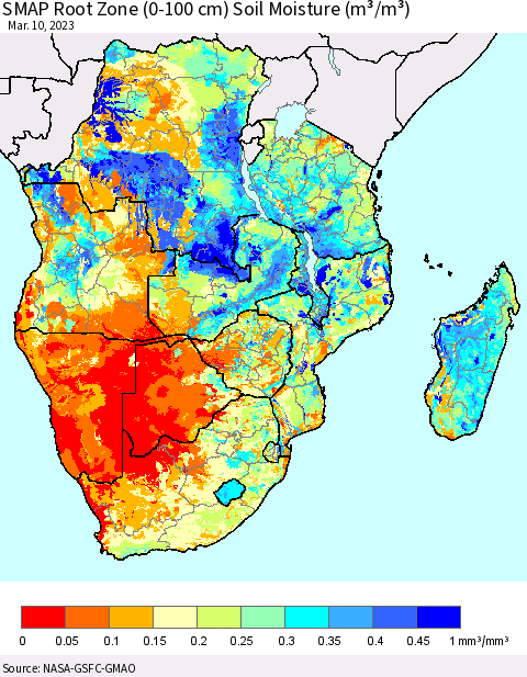 Southern Africa SMAP Root Zone (0-100 cm) Soil Moisture (m³/m³) Thematic Map For 3/6/2023 - 3/10/2023