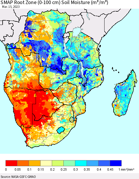 Southern Africa SMAP Root Zone (0-100 cm) Soil Moisture (m³/m³) Thematic Map For 3/11/2023 - 3/15/2023