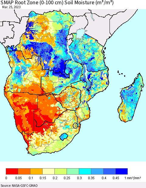 Southern Africa SMAP Root Zone (0-100 cm) Soil Moisture (m³/m³) Thematic Map For 3/21/2023 - 3/25/2023