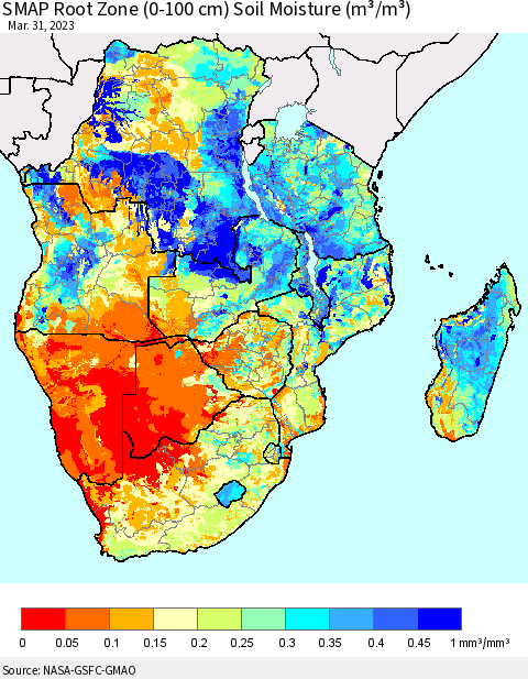 Southern Africa SMAP Root Zone (0-100 cm) Soil Moisture (m³/m³) Thematic Map For 3/26/2023 - 3/31/2023