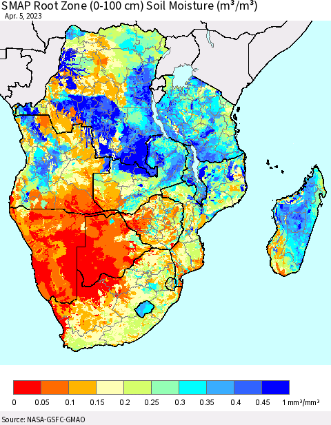 Southern Africa SMAP Root Zone (0-100 cm) Soil Moisture (m³/m³) Thematic Map For 4/1/2023 - 4/5/2023