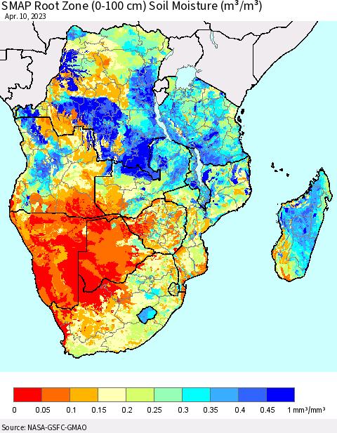 Southern Africa SMAP Root Zone (0-100 cm) Soil Moisture (m³/m³) Thematic Map For 4/6/2023 - 4/10/2023