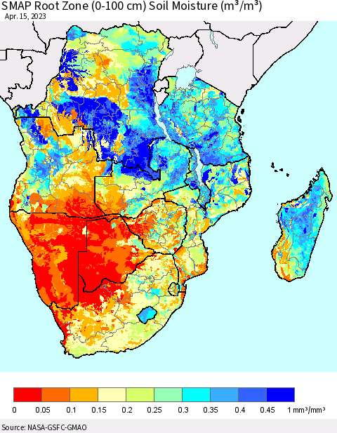 Southern Africa SMAP Root Zone (0-100 cm) Soil Moisture (m³/m³) Thematic Map For 4/11/2023 - 4/15/2023
