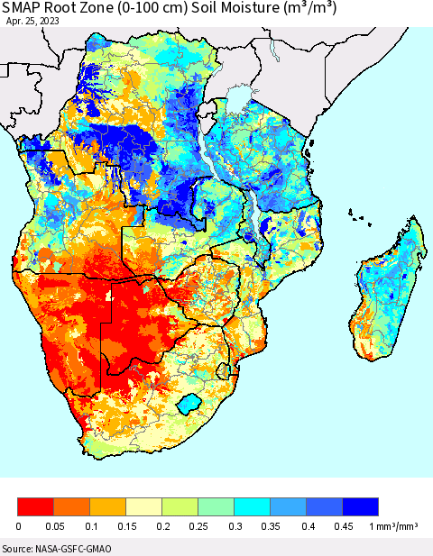 Southern Africa SMAP Root Zone (0-100 cm) Soil Moisture (m³/m³) Thematic Map For 4/21/2023 - 4/25/2023
