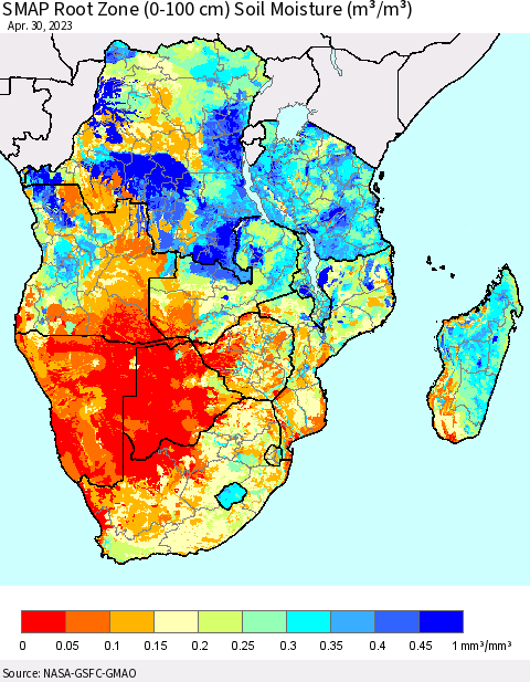 Southern Africa SMAP Root Zone (0-100 cm) Soil Moisture (m³/m³) Thematic Map For 4/26/2023 - 4/30/2023