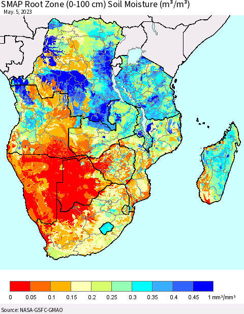 Southern Africa SMAP Root Zone (0-100 cm) Soil Moisture (m³/m³) Thematic Map For 5/1/2023 - 5/5/2023