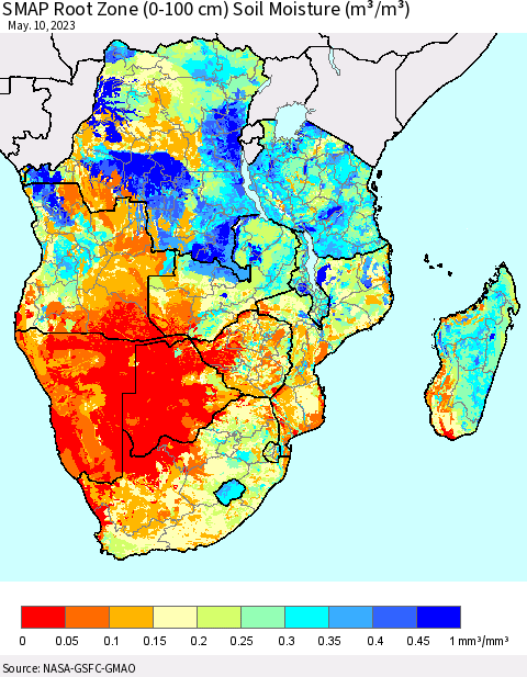 Southern Africa SMAP Root Zone (0-100 cm) Soil Moisture (m³/m³) Thematic Map For 5/6/2023 - 5/10/2023