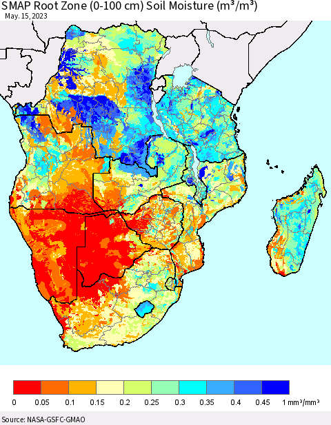 Southern Africa SMAP Root Zone (0-100 cm) Soil Moisture (m³/m³) Thematic Map For 5/11/2023 - 5/15/2023