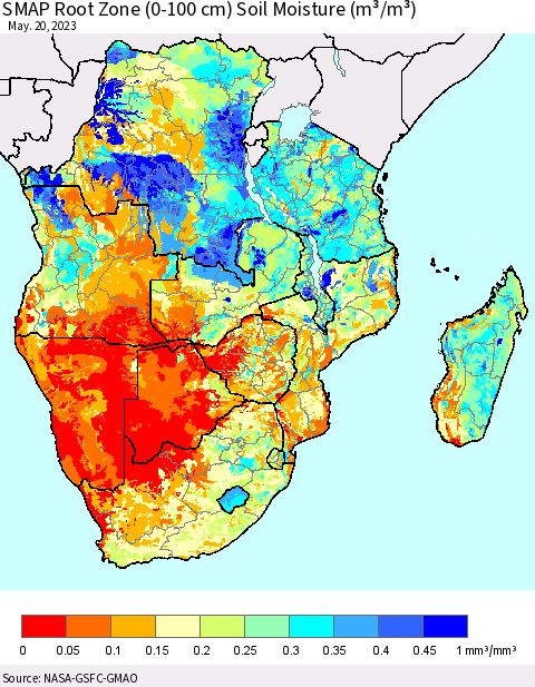 Southern Africa SMAP Root Zone (0-100 cm) Soil Moisture (m³/m³) Thematic Map For 5/16/2023 - 5/20/2023