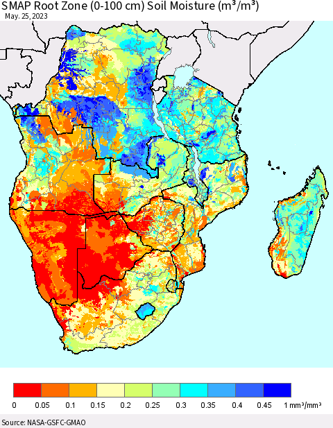 Southern Africa SMAP Root Zone (0-100 cm) Soil Moisture (m³/m³) Thematic Map For 5/21/2023 - 5/25/2023