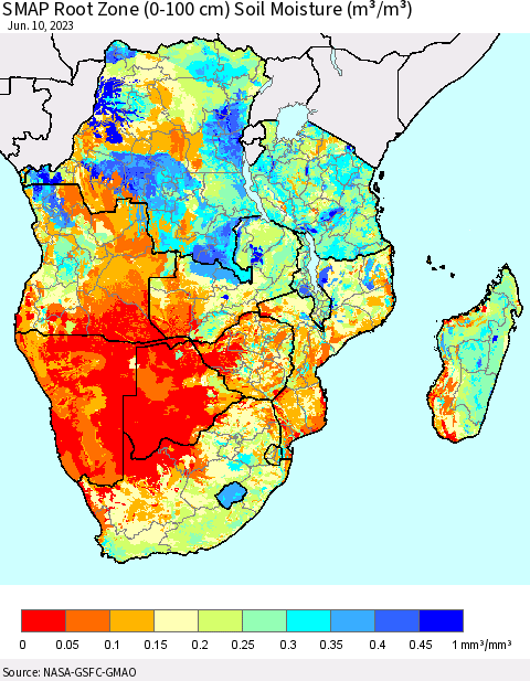 Southern Africa SMAP Root Zone (0-100 cm) Soil Moisture (m³/m³) Thematic Map For 6/6/2023 - 6/10/2023