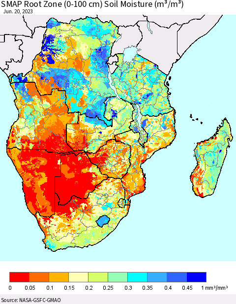 Southern Africa SMAP Root Zone (0-100 cm) Soil Moisture (m³/m³) Thematic Map For 6/16/2023 - 6/20/2023