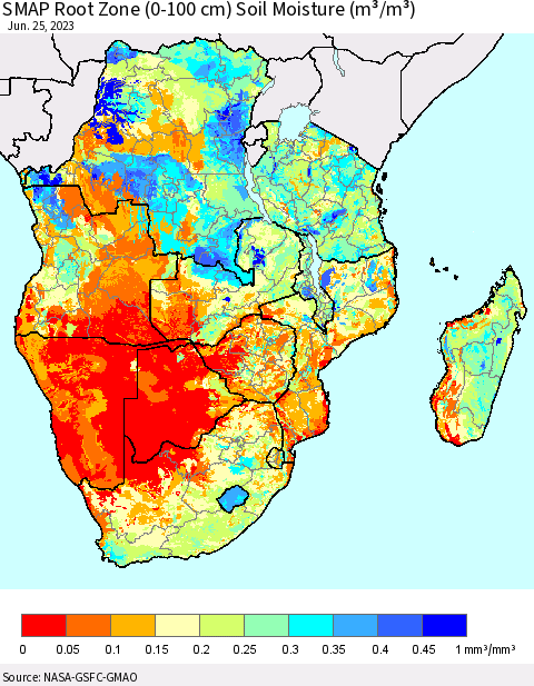 Southern Africa SMAP Root Zone (0-100 cm) Soil Moisture (m³/m³) Thematic Map For 6/21/2023 - 6/25/2023