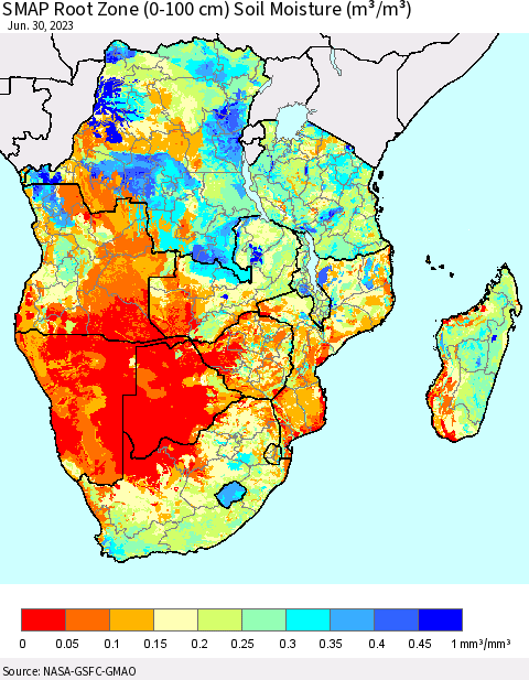 Southern Africa SMAP Root Zone (0-100 cm) Soil Moisture (m³/m³) Thematic Map For 6/26/2023 - 6/30/2023