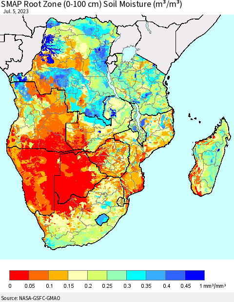 Southern Africa SMAP Root Zone (0-100 cm) Soil Moisture (m³/m³) Thematic Map For 7/1/2023 - 7/5/2023