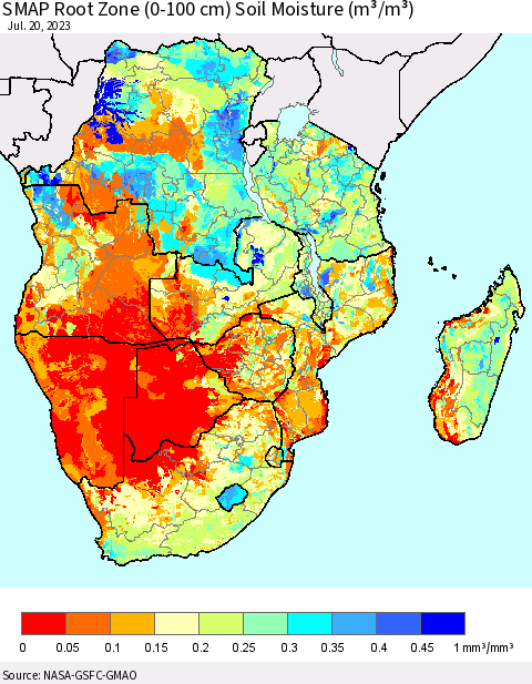 Southern Africa SMAP Root Zone (0-100 cm) Soil Moisture (m³/m³) Thematic Map For 7/16/2023 - 7/20/2023