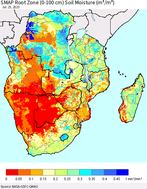 Southern Africa SMAP Root Zone (0-100 cm) Soil Moisture (m³/m³) Thematic Map For 7/21/2023 - 7/25/2023