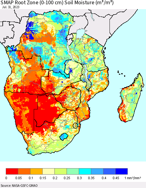 Southern Africa SMAP Root Zone (0-100 cm) Soil Moisture (m³/m³) Thematic Map For 7/26/2023 - 7/31/2023