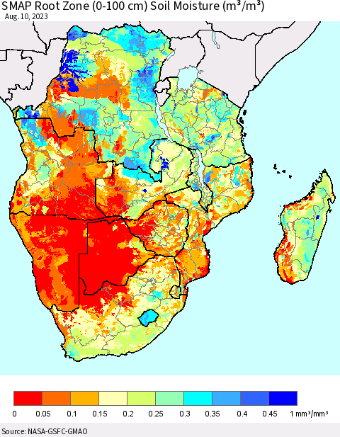 Southern Africa SMAP Root Zone (0-100 cm) Soil Moisture (m³/m³) Thematic Map For 8/6/2023 - 8/10/2023