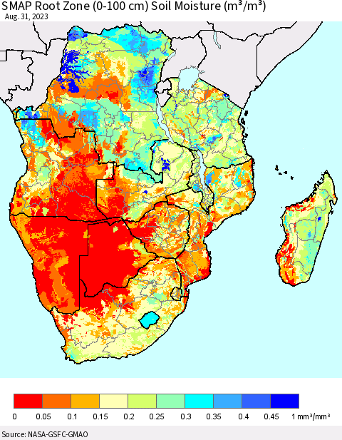 Southern Africa SMAP Root Zone (0-100 cm) Soil Moisture (m³/m³) Thematic Map For 8/26/2023 - 8/31/2023