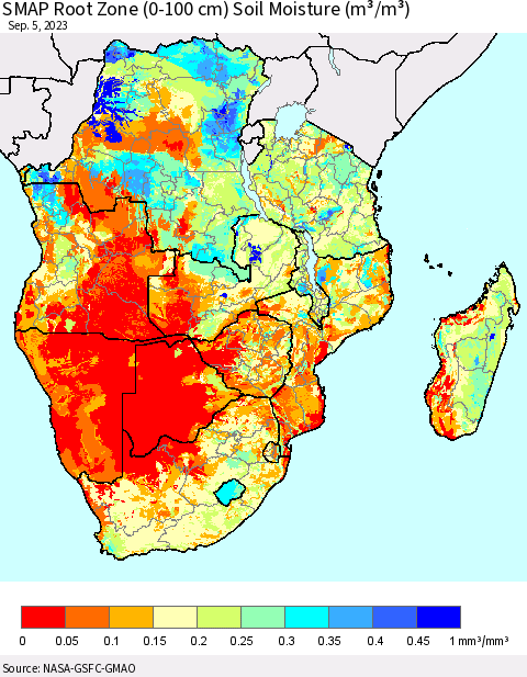Southern Africa SMAP Root Zone (0-100 cm) Soil Moisture (m³/m³) Thematic Map For 9/1/2023 - 9/5/2023
