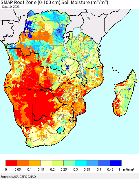 Southern Africa SMAP Root Zone (0-100 cm) Soil Moisture (m³/m³) Thematic Map For 9/6/2023 - 9/10/2023