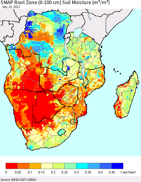 Southern Africa SMAP Root Zone (0-100 cm) Soil Moisture (m³/m³) Thematic Map For 9/21/2023 - 9/25/2023