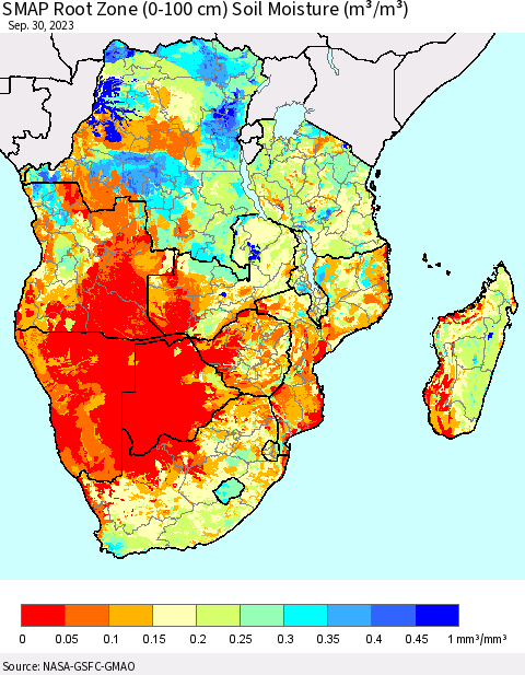 Southern Africa SMAP Root Zone (0-100 cm) Soil Moisture (m³/m³) Thematic Map For 9/26/2023 - 9/30/2023