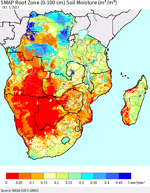 Southern Africa SMAP Root Zone (0-100 cm) Soil Moisture (m³/m³) Thematic Map For 10/1/2023 - 10/5/2023