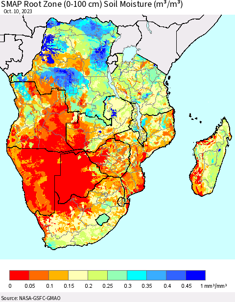 Southern Africa SMAP Root Zone (0-100 cm) Soil Moisture (m³/m³) Thematic Map For 10/6/2023 - 10/10/2023