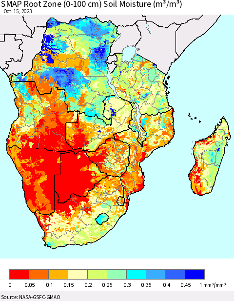 Southern Africa SMAP Root Zone (0-100 cm) Soil Moisture (m³/m³) Thematic Map For 10/11/2023 - 10/15/2023