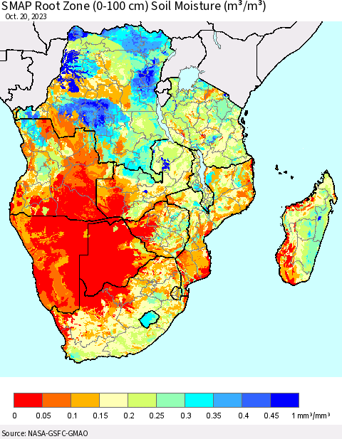 Southern Africa SMAP Root Zone (0-100 cm) Soil Moisture (m³/m³) Thematic Map For 10/16/2023 - 10/20/2023
