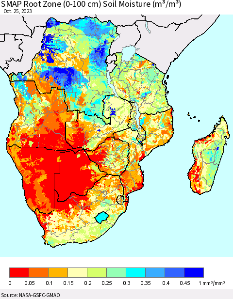 Southern Africa SMAP Root Zone (0-100 cm) Soil Moisture (m³/m³) Thematic Map For 10/21/2023 - 10/25/2023