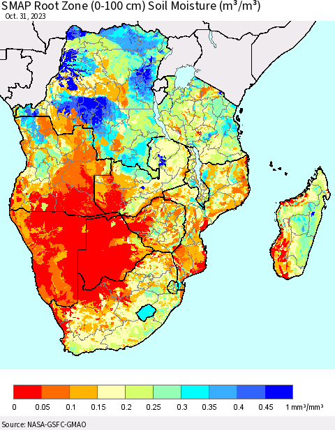Southern Africa SMAP Root Zone (0-100 cm) Soil Moisture (m³/m³) Thematic Map For 10/26/2023 - 10/31/2023