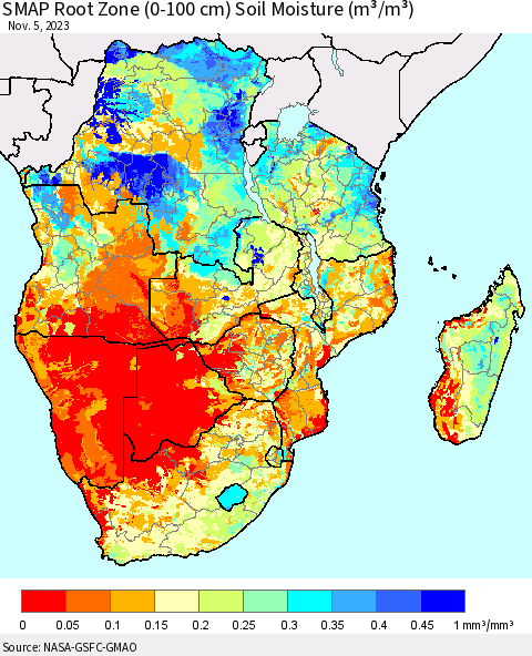 Southern Africa SMAP Root Zone (0-100 cm) Soil Moisture (m³/m³) Thematic Map For 11/1/2023 - 11/5/2023